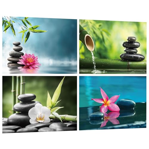 Autocollant Mural Zen Lot de 4, Décoration Murale Pierres de Massage Plantes Vertes Fleurs Bambou et Orchidée - Sticker Adhésif SPA pour Salle de Bain, WC...
