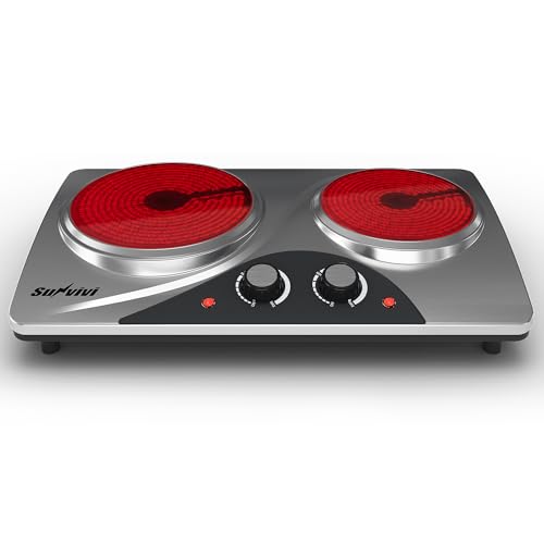 Image of Sunvivi 1800W Dual Burner Portable Electric Ceramic Stove - Knob Control, Indicator Light, Compatible with All Cookware, Ideal for Multiple Cooking Scenarios, Silver