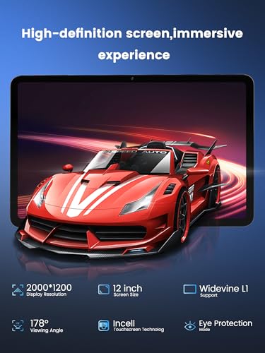 Image of Android Tablet 12 Inch, Tablets Octa-Core T7255, Large Android Tablet with 2K Display, 20W Fast Charger & Case, 20GB RAM 256GB ROM 1TB Expand, 8000mAh, Dual-Band WiFi, GMS Widevine L1, Metal, Grey