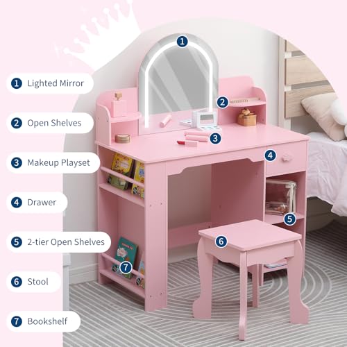 Garvee Kids Vanity with Lighted Mirror & Stool, Little Girls Vanity with Adjustable LED Light, Bookshelf, Storage Drawer & Shelves for Girls 3-9, Pink