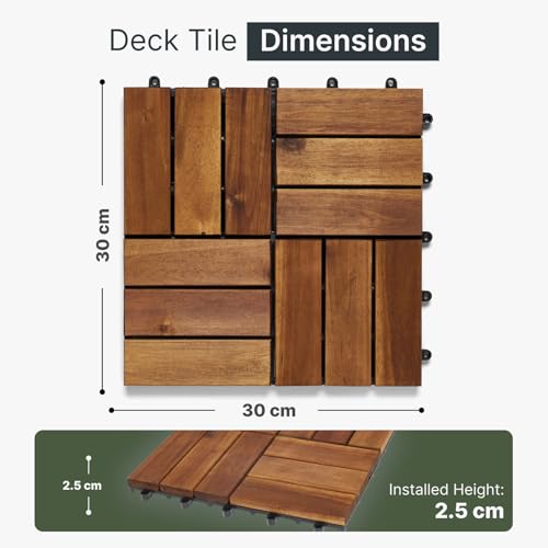 CLICK-DECK 12 Slat HARDWOOD Decking Tiles - Patio, Balcony, Roof Terrace, Hot Tub, Deck Tiles Flooring Decking Cheap Prices for Large Quantities (18x Hardwood Tiles)