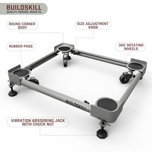 Image of BUILDSKILL 160kg Load Capacity Washing Machine Stand | 360 Rotating Wheels | Adjustable | Absorbs Vibration | Anti-Skid Fridge and Dishwasher Stand, Top & Front Load Washing Machine Trolley - Grey
