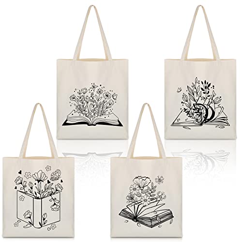 Oudain 4 Pcs Canvas Tote Bag for Women Floral Black Cat Canvas Tote Aesthetic Reusable Grocery Bags Cute Gifts for Cat Lover