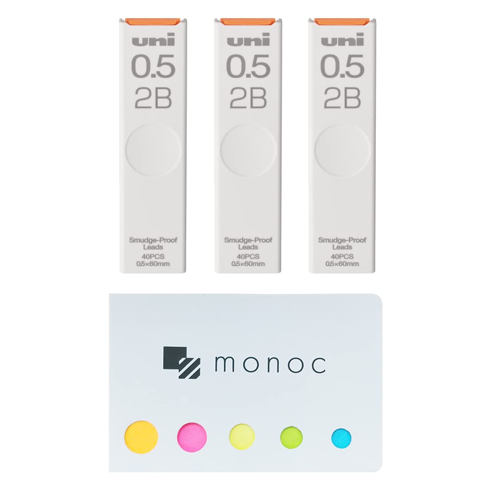 Uni Pencil Lead,"The Uni" Smudge-Proof Leads, 0.5mm 2B, 3 Pack &"monoc" Sticky Note(Japan Import)