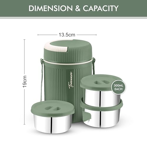 Image of Trueware Plastic Grub 3 Double Wall Insulated Hot Lunch Box with 3 Ss Container 300 Ml Each | Bpa Free | Food Grade | Hot and Fresh Many Hours, Green (LBI-GRB-003-Green BAZ)