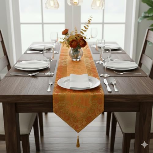 Image of E-EZRA Banarsi Brocade Jacquard Silk Center Table Runner Coffee Brown Long Ethnic Table Home Decor Floral Traditional Dining Table Cloth Runner Up | 72 By 14 Inches Gold