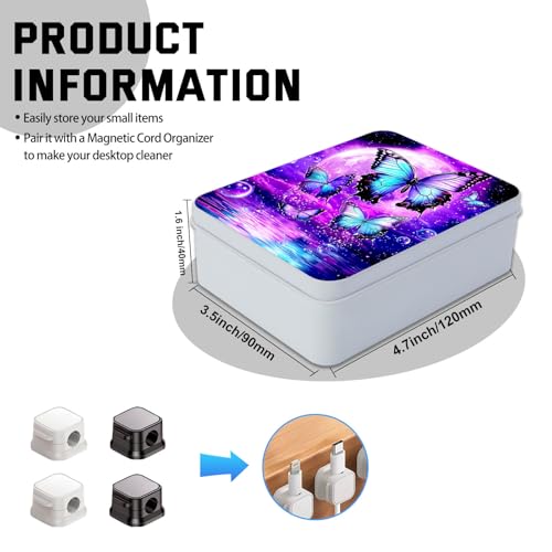 Image of Metal Tin Box with Lid for Game Cards Home Organizer Candles Keys Crafts Storage - Equipped with 4 Magnetic Cord Clips,Purple Moon Blue Butterfly
