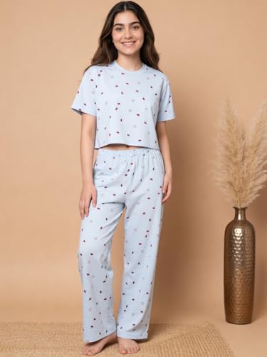 Image of Li'l Tomatoes Girls Cotton Night Suit Set | 100% Cotton Summer Co-Ord Set | Half Sleeve T-Shirt & Full Length Pajama | Soft & Breathable Printed Clothing Set | 9-16 Years