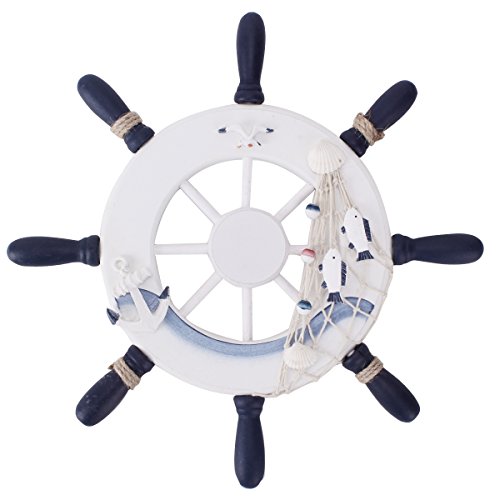 UniqueBella Nautical Mediterranean Style Nordic Wooden Boat Wheel Rudder Helm Colour Blue and White Large