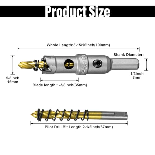 Image of SALI 5 /8 inch (16mm) TCT Hole Saw Kit Tungsten Carbide Tipped Hole Saw Drill Bit with Titanium-Plated Pilot Drill bit for Metal, Stainless Steel, Iron, Wood, Plastic 2pcs