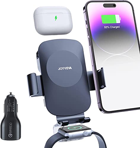 JOYVEVA 3 in 1 Wireless Car Charger for iPhone/iWatch/AirPods,Auto-Clamping Car Charging Mount,Car Phone Holder for iPhone16/15/14/13/12, iWatch Ultra/10/9/8/7/6/5/4/3/2/SE, AirPods Pro 4/3/2