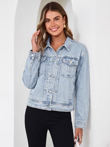 Image of Glamaker Womens Jean Jacket 2026 Casual Basic Trendy Button Down Long Sleeve denim Jacket Coat With Pockets
