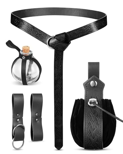 Sweetude 6 Pcs Renaissance Belt Accessories Medieval Viking Belt Potion Bottles Leather Pouch Skirt Hikes