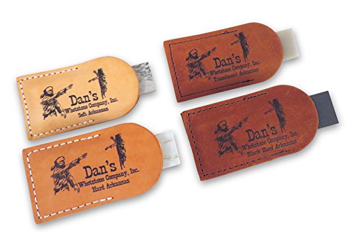 Bundle- 4 Piece Set Arkansas Pocket Sharpening Stones 3" x 1" x 1/4" in Leather Pouches- Soft (Medium), Hard (Fine), Translucent (Extra Fine) and Black (Ultra Fine) MAP/TAP/FAP/BAP-13A-L
