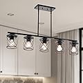 mavcadonf Kitchen Island Light, 5-Light Dining Room Lighting Fixtures Hanging, Farmhouse Linear Pendant Light for Kitchen Island Table Living Room with Adjustable Rods, Black Metal