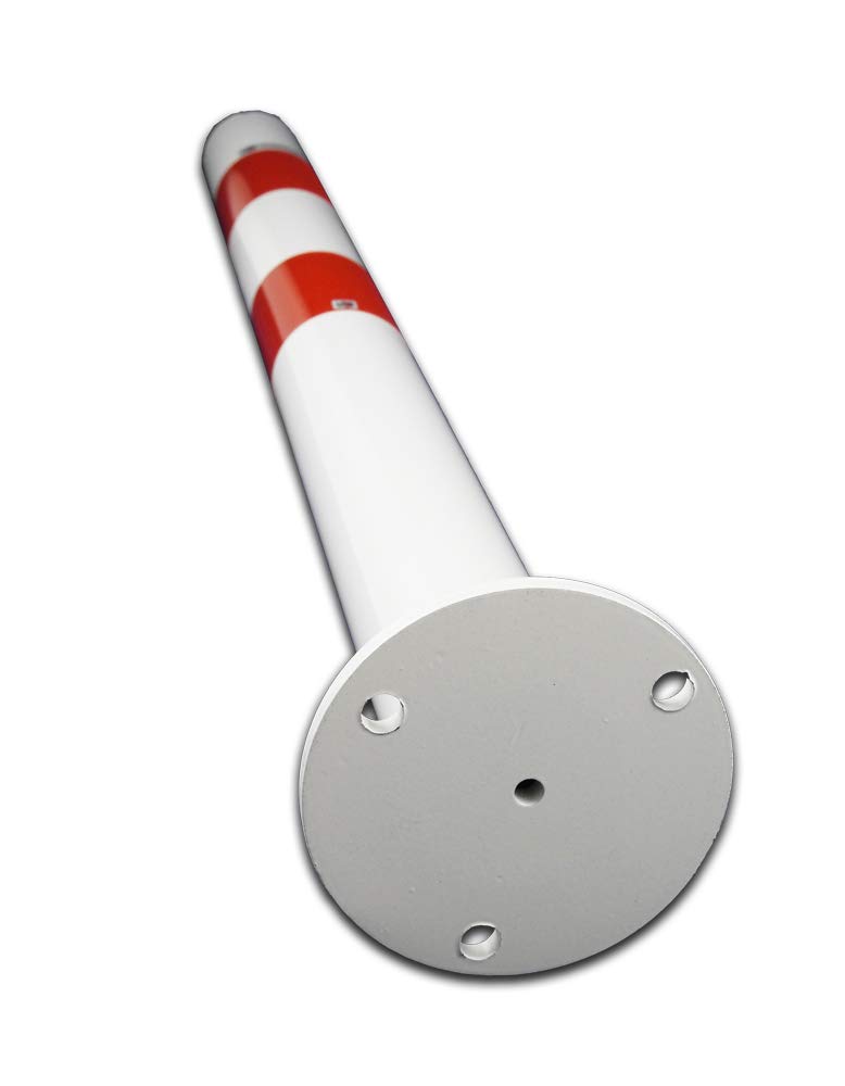 UvV Stahl Sperrpfostenset (2 Stück) Pulverbeschichtet weiß, rot - Rund Ø60,3 mm mit Fußplatte zum Anschrauben (80 cm + Kette)