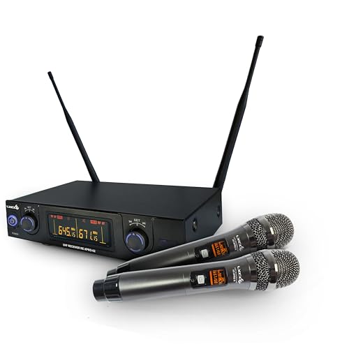 Microfone Sem Fio de Mão Duplo Profissional LYCO UHXPRO02MM, UIHF, Display Digital, Bateria de Longa Duração, Alta Fidelidade de Som, Ideal para Apresentações, Shows, Conferências, Eventos ao Vivo