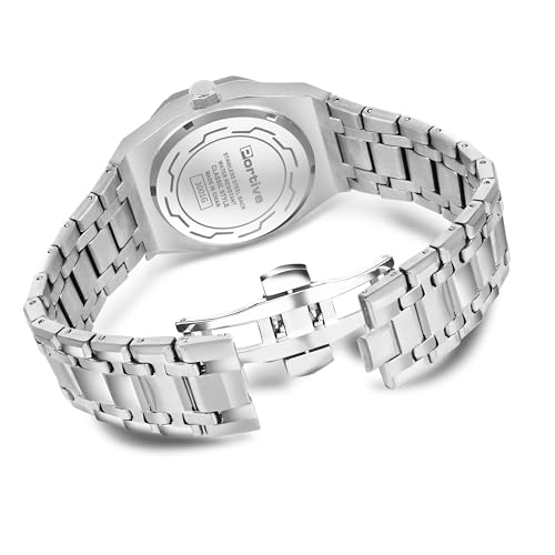 Image of Portive Quartz Watch for Men, Silver Stainless Steel Bracelet, Black Dial, Date Display, Octagonal Case