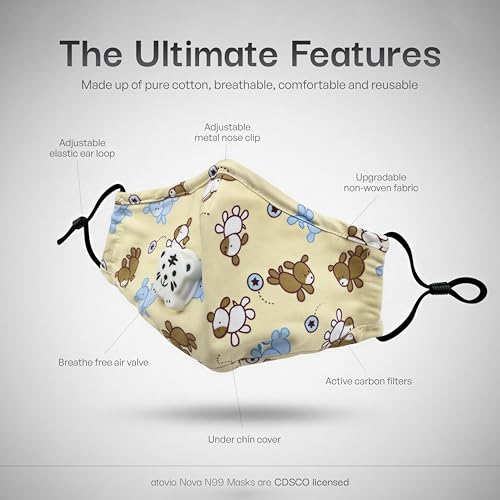 Image of atovio Nova N99 Anti-Pollution Face Mask with 8 Replaceable Carbon Filters for Kids, Washable & Reusable Respirator Mask with Breathable Air Valve for Children|6 Layer Filtration