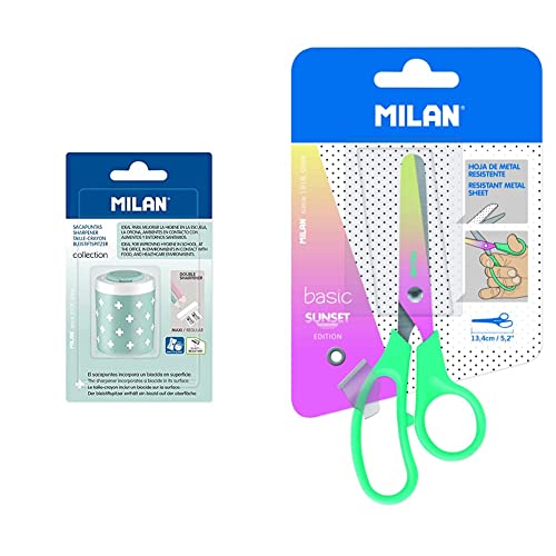 MILAN Blíster 1 sacapuntas doble COLLECTION turquesa, Edición +, BWM10448IBGGR & Blíster tijeras Basic edición Sunset, mango turquesa