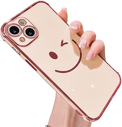 Facweek Compatible with iPhone 13 Case for Women Girls, Fancy Happy Wink Face Gold Electroplated Cell Phone Case, Camera Protection Anti-Shock Anti-Fall Silicone Cover Case 6.1 Inch - Pink