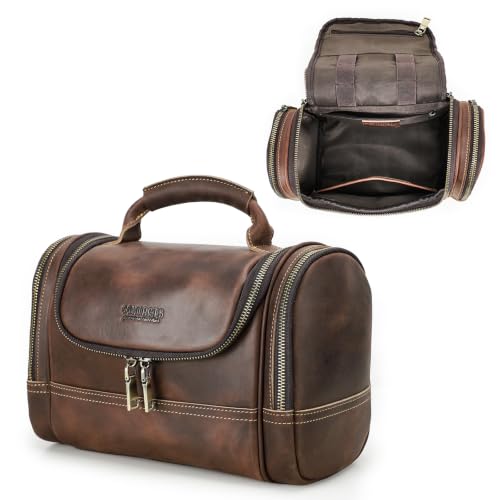 CONTACTS Crazy Horse Leather Toiletry Bag for Men Travel Bathroom Shaving Dopp Kit Toiletries Organizer Vintage Brown Cosmetic Bag Handbag