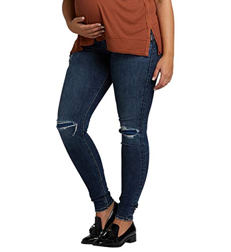 Silver Jeans Co. Women's Suki Curvy Fit Maternity Skinny Jeans, Destructed Indigo, 25x29