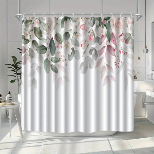 Rideau de douche floral 230x180 cm en polyester vert lavable avec crochets - 4