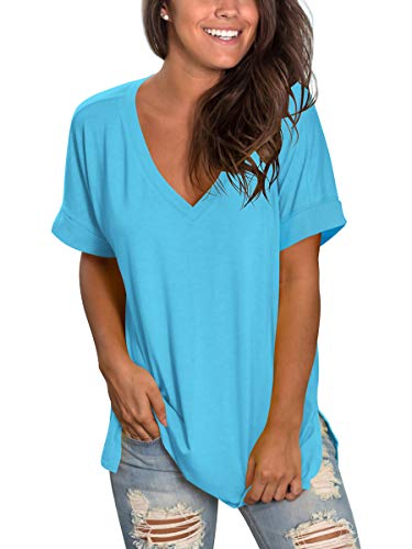Image of Sampeel Women's V Neck T Shirts Casual Rolled Short Sleeve Side Split Summer Tops Loose Fit