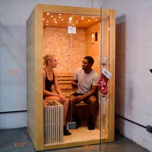 Image of Smartmak Indoor Steam Sauna Room, 2-Person Canadian Hemlock Home Sauna, 3.5KW Harvia Stove, Bluetooth Speaker, Sauna Stones, Wooden Bucket & Scoop, Reading Light(220V)