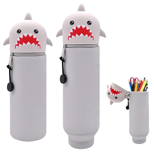 GmwyCzV Kawaii Estuche Escolar de Silicona Blanda 2 en 1, Portalápices de Mesa,tiburón Estuche Escolar de Silicona，Estuche Papeleria de Cremallera para Lápices de Colores Rotuladores para Niños Niñas