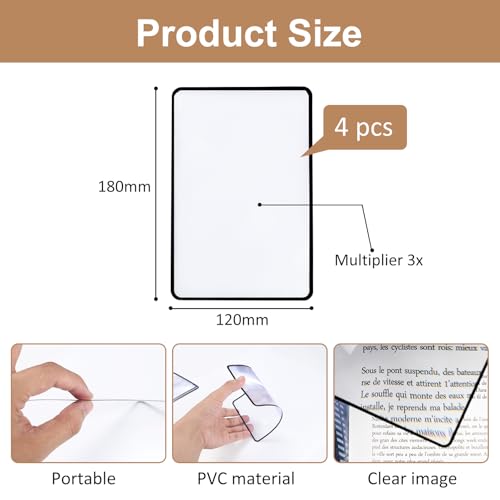Mynoozi 4Pcs Full-Page Magnifying Glass for Reading 3X Magnifying Glass for Reading Perfect Handheld Magnifier for Reading Small Print Books - Image 2