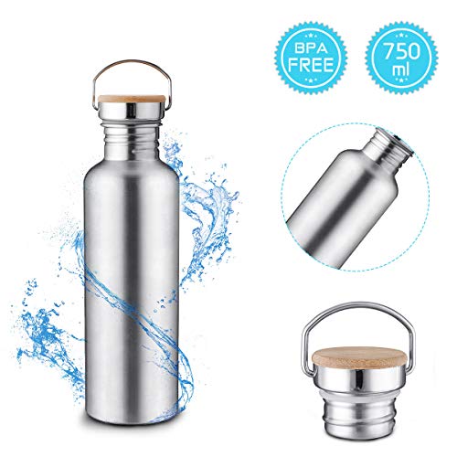 Charminer Botella de acero inoxidable, 750 ml, botella de deporte, botella de agua duradera, reutilizable, ecológica, antigoteo, botella deportiva con tapa, para deportes, excursiones, ciclismo, plata