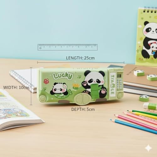 Image of Umadiya Magnetic Multifunctional School Pencil Box with Calculator Cute Cartoon Stationary Large Capacity Compass Geometry Kids Scissor Ruler Eraser Magnetic Box Best Gifts (Panda Calculator)
