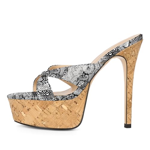 Image of Esvowido Heeled Mules for Women Cork Platform Stiletto Heels Slip on Open Toe High Heeled Sandals Crisscross Slippers Pumps Shoes