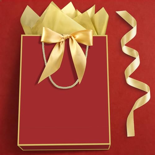 Image of JMANNI 1PCS Gift Bag with Ribbon and 1 Greeting Card 2 Tissue Papers, Portable Paper Gift Bag with Handles, Birthday Present Bags for Wedding Party,Mother's Day 12.6 inch x 9.8 inch x 3.9 inch(red gold)