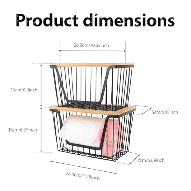 2 Pack Storage Stackable with Bamboo Top for Kitchen Laundry Room Organizers, Large Trash Bag Holder and Garbage Bag Dispenser