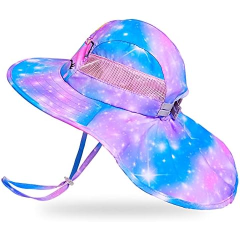 Basumee Adjustable Girls Sun Hat Foldable Beach Cap with Adjustable Chin Strap for Baby Toddler and Kids,Aged 2-9 Blue Purple Cover