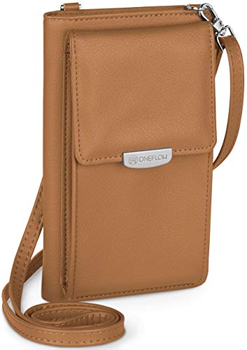 ONEFLOW Petit sac à bandoulière pour femme compatible avec tous les Apple iPhone - Étui pour téléphone portable à bandoulière avec portefeuille, sac à bandoulière en cuir végétalien Marron selle Cover
