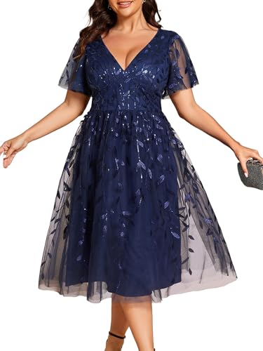 Image of Ever-Pretty Womens Embroidered Tulle Plus Size Cocktail Evening Party Dress A-Line Midi Wedding Guest Dresses for Curvy Women