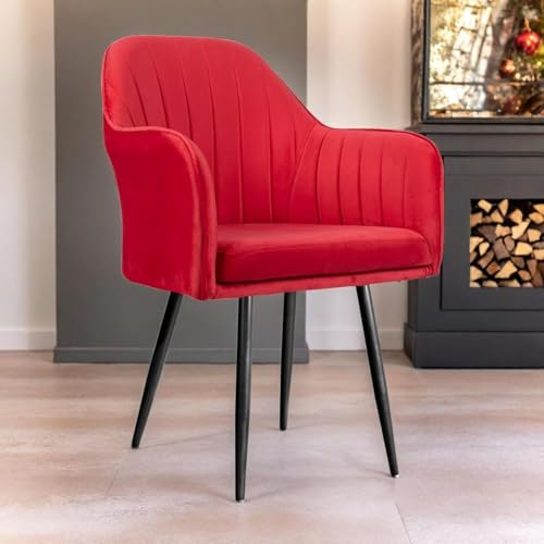 Image of Velvet Accent Chair | Luxury Upholstered Armchair with Sturdy Metal Legs | Modern Comfortable Chair for Living Room, Bedroom, Office, or Cafe (Black Legs, Red)