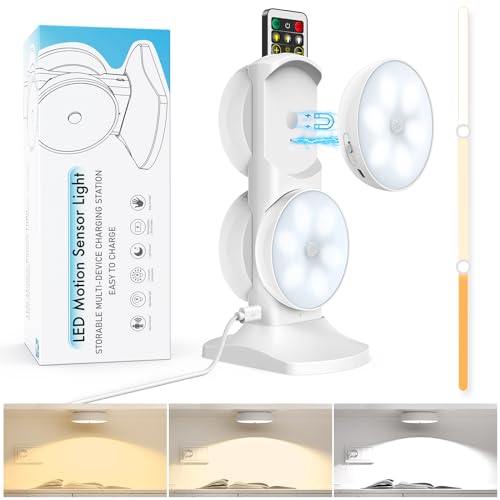 Motion Sensor Puck Step Lights with Charging Station, 3 Colors USB Rechargeable LED Closet Light, Dimmable Under Cabinet Lighting, Stick-on Lights (4 Pack)