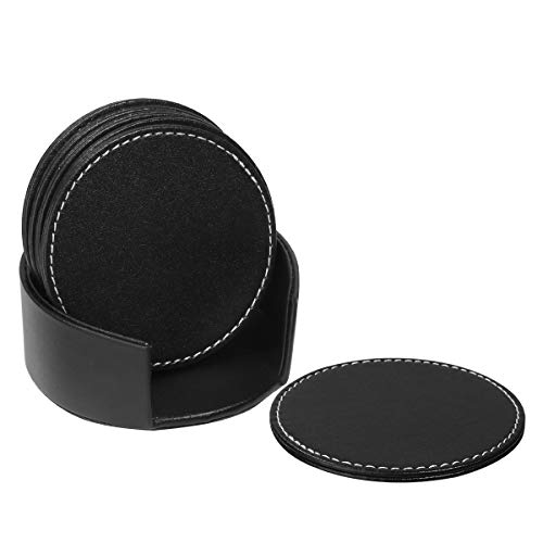 OUNONA Coasters Set of 6 PU Leather Coasters Cup Mat Table Set for Drinks with Holder Protect Your Furniture from Stains (Black) - Image 2