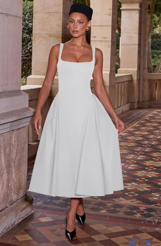 Image of Memoriesea Women's Elegant Square Neck Swing A Line Wedding Evening Party Midi Dress