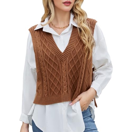 Image of Blostirno Women's Sweater Vest V Neck Sleeveless Casual Ribbed Cable Cropped Pullover Vests Argyle Plaid Knit Tank Tops
