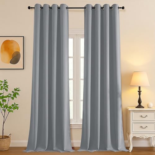 Image of Simplebrand Silver Grey Extra Long 10ft Curtains for Patio 120 Inches Long 2 Panels Set, Room Darkening Light Blocking Solid Thermal Insulated Energy Saving Grommet Noise Reducing Curtains, 50 Wx120 L