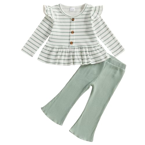 Mubineo Toddler Baby Girl Clothes Cute Ribbed Outfits Knit Long Sleeve Shirt Tops Bell Bottom Pant Fall Winter Outfit