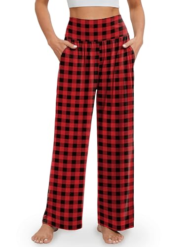Image of Gracyoga Plaid Pajama Wide Leg Pants for Women Casual Comfy Yoga Pants High Waisted Lounge Palazzo Pants with Pockets L