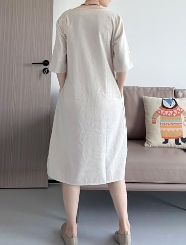 Image of Minibee Women's Summer Casual Midi Dresses Cotton Linen Short Sleeve Flowy A-Line Dresses with Pockets