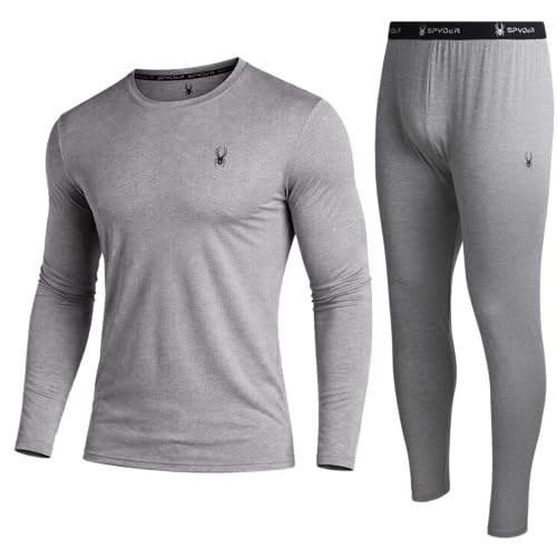 Spyder Mens Thermal Top and Bottom Set - 2 Piece Fleece Lined Thermal Shirts for Men and Long Johns Leggings Base Layer Set, Size Medium, Heather Grey
